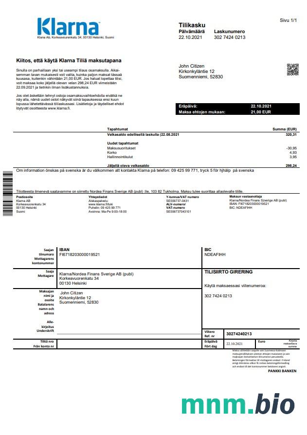 Finland Klarna bank szablon w formacie excel pdf